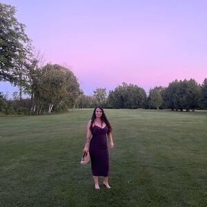 le chateau Plum Purple Sleeveless Midi Dress. Perfect for wedding season!